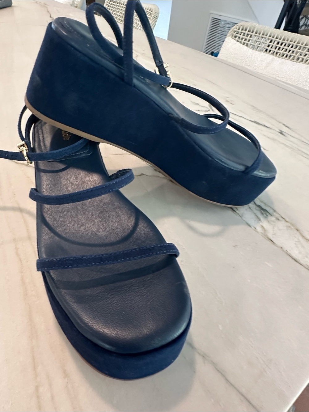 Larroude Navy Platform Sandals with Ankle Strap